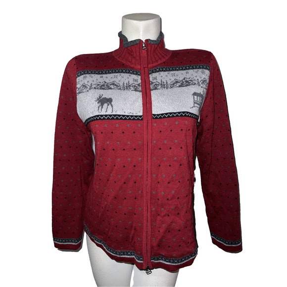 Woolrich Sweater Womens Size L Red Cabin Forest Moose Winter Scene Zip Cardigan - Picture 1 of 11